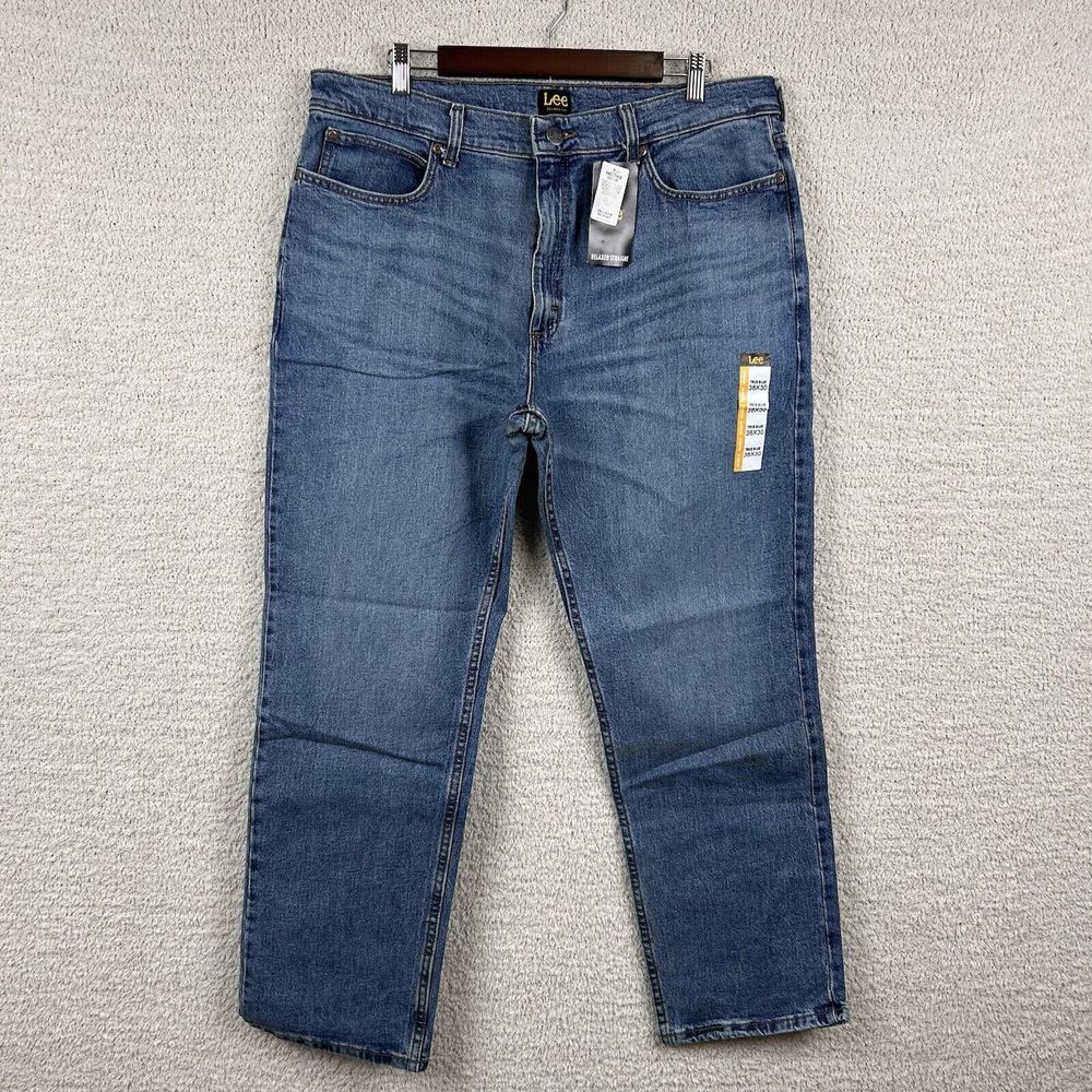 Lee Jeans Mens 38x30 True Blue Relaxed Fit Work Wear Denim Straight Leg *Flawed*